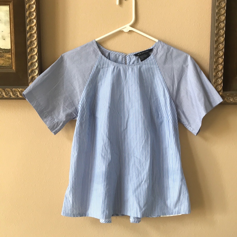 Armani Exchange White & Blue Striped Top w/ Flare